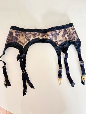 Agent Provocateur Black and Taupe Leopard Print Garter Belt